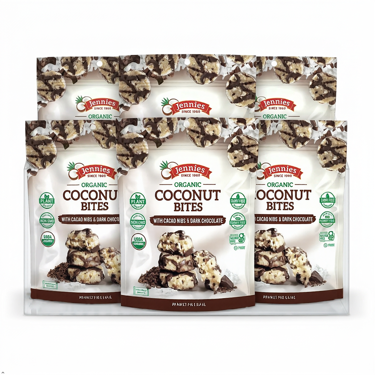 Jennies Organic Coconut Bites with Cacao Nibs & Dark Chocolate (Pack of 6) Jennies