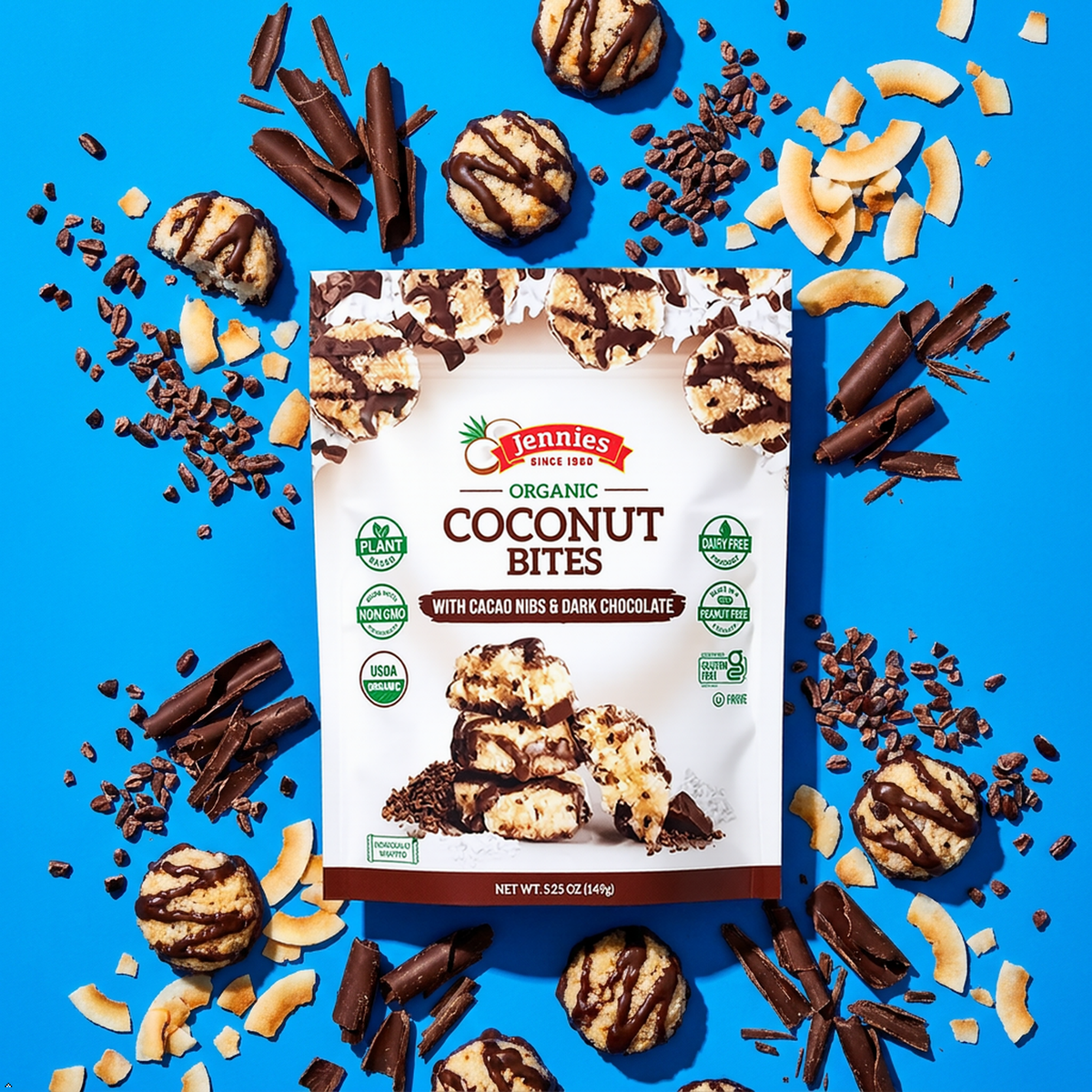 Jennies Organic Coconut Bites with Cacao Nibs & Dark Chocolate (Pack of 6) Jennies
