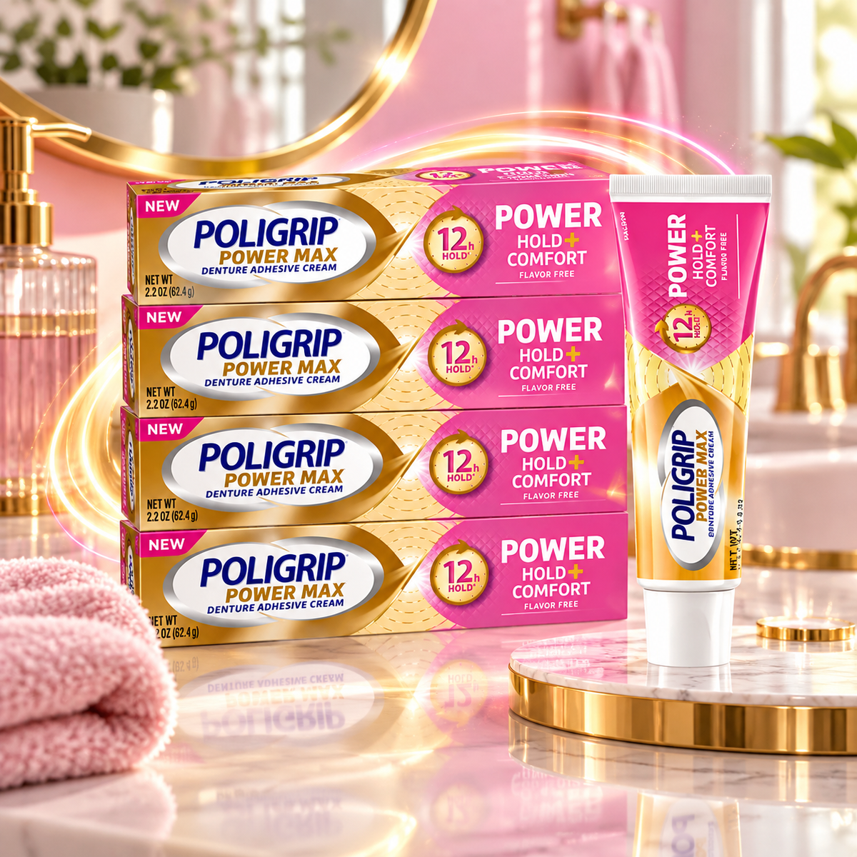 Poligrip Denture Adhesive, Power Max Hold Plus Comfort Denture (Pack of 4) Poligrip