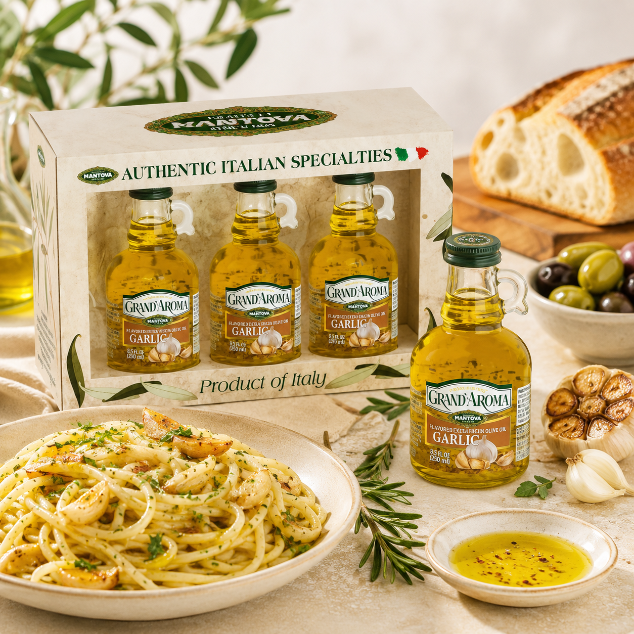 Grand'aroma Garlic Extra Virgin Olive Oil, 8.5-Ounce Bottles (Pack of 3)