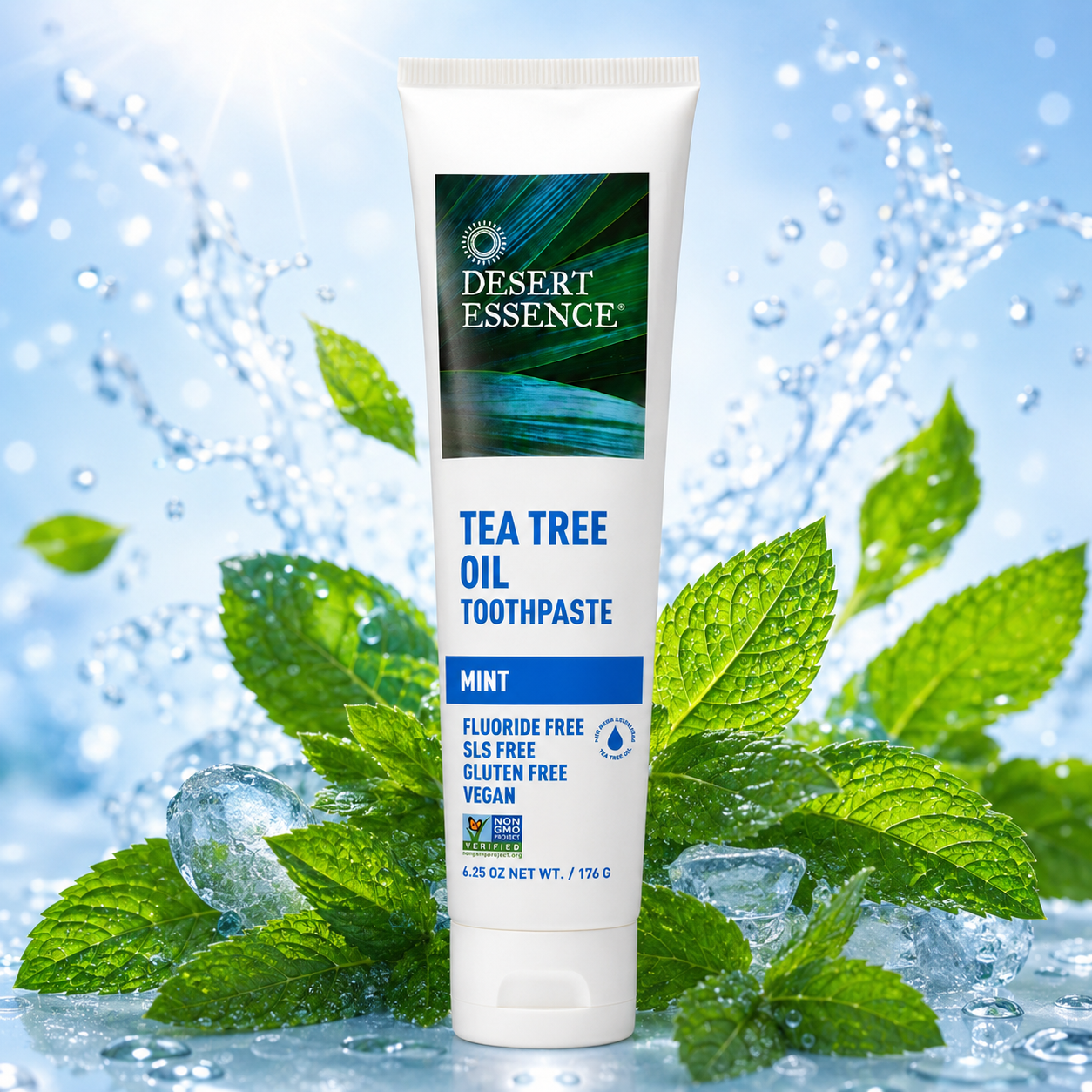 Desert Essence Tea Tree Oil Toothpaste Mint (6.25 Oz ) Deep Cleans Teeth & Gums Helps Fight Plaque with Sea Salt Pure Essential Oil Baking Soda 18.75 oz