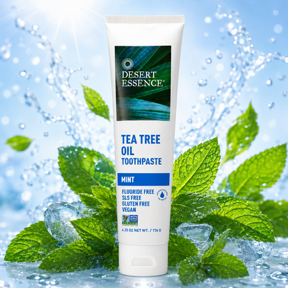 Desert Essence Tea Tree Oil Toothpaste Mint (6.25 Oz ) Deep Cleans Teeth & Gums Helps Fight Plaque with Sea Salt Pure Essential Oil Baking Soda 18.75 oz