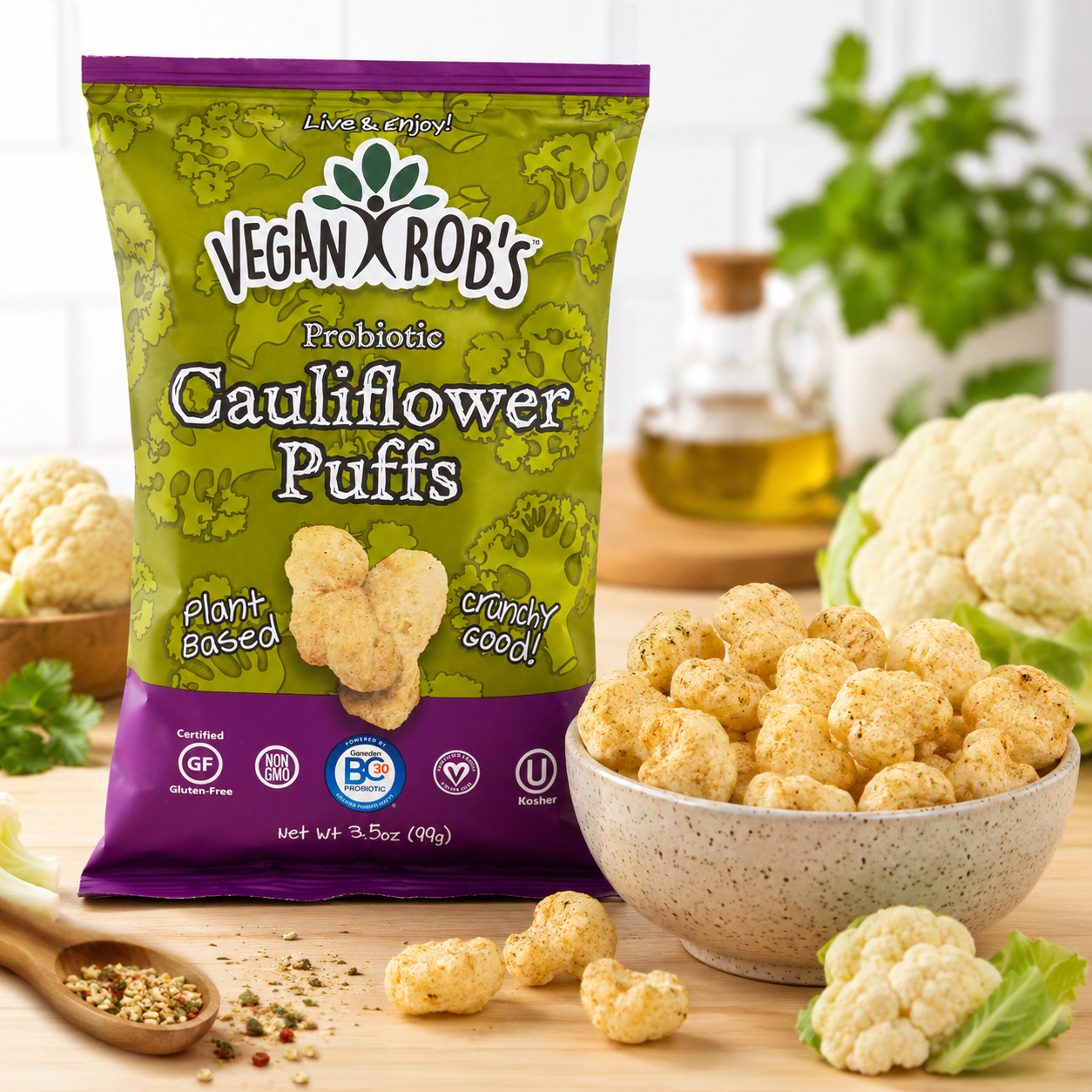 Vegan Rob's Plant Based Probiotic Cauliflower Puffs Gluten Free Kosher 3.5 oz