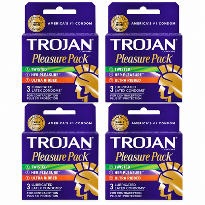 Trojan Pleasure Pack Lubricated Premium Latex Condoms - 3 Count (Pack of 4) Trojan