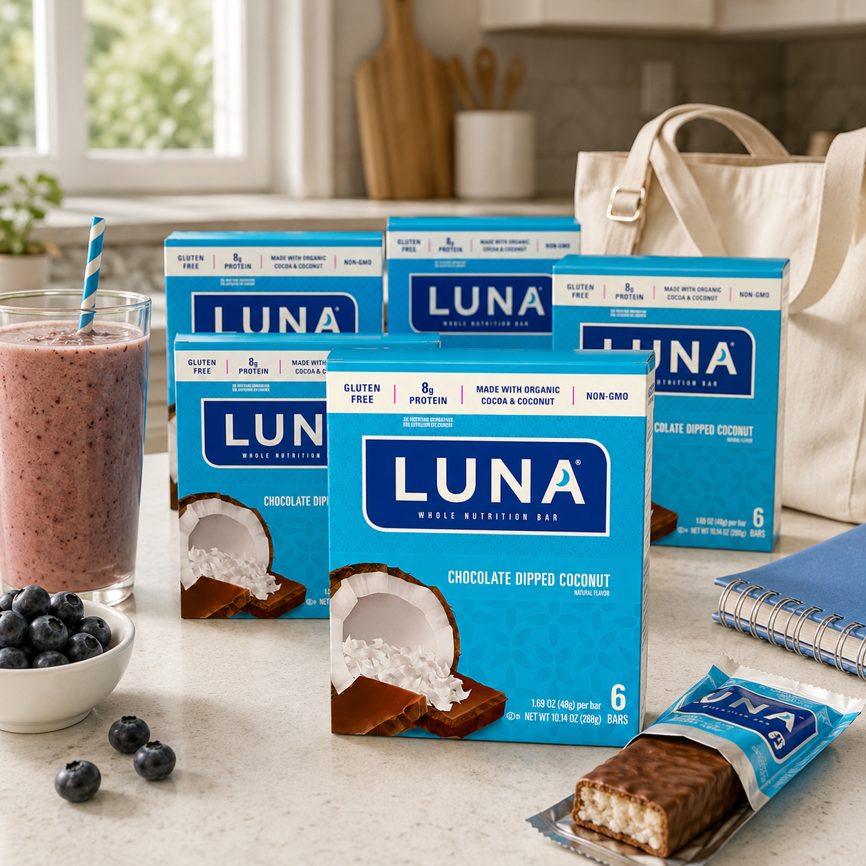 CLIF Bar Luna BAR Gluten Free Snack Bars Chocolate Dipped Coconut Flavor of Protein Non-GMO Plant-Based On The Go Snacks 1.69 oz