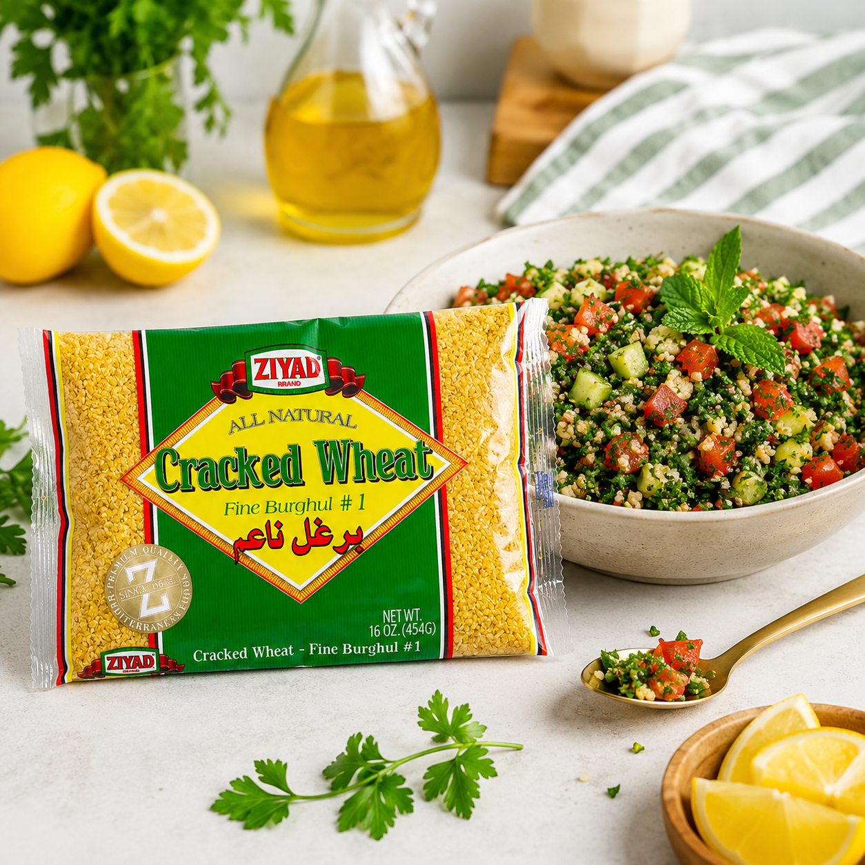 Ziyad Cracked Wheat Bulgur Whole Grain No. 1 Fiber-Rich Ideal for Tabbouleh Kibbeh Curries Soups & Salads Vegan 30-Minute Prep 16 oz