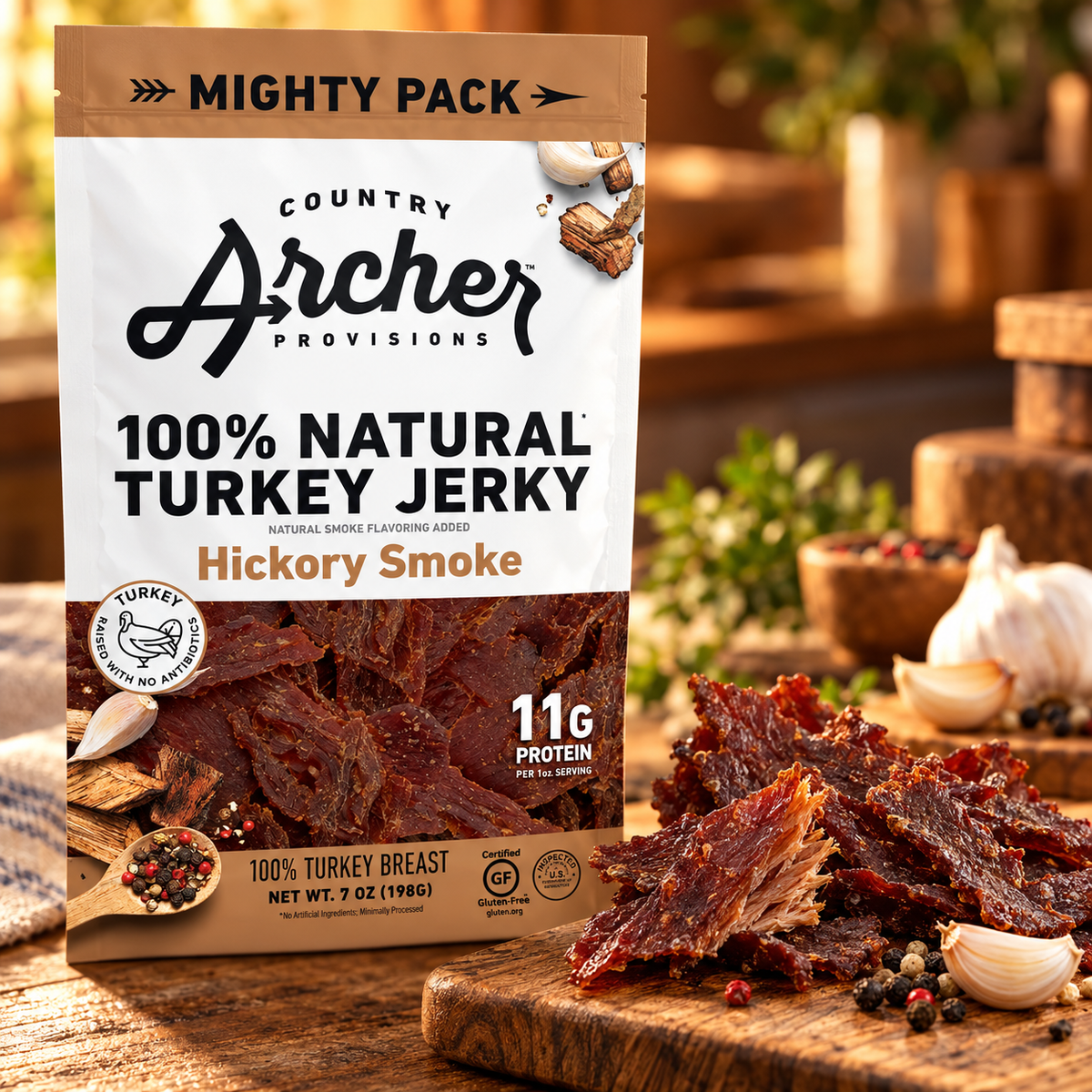 Country Archer Hickory Smoke Turkey Jerky Meat Snack Gluten Free Keto Turkey 7 oz Country Archer