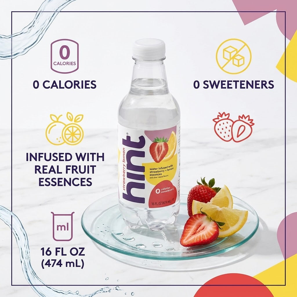 Hint Strawberry + Lemon Infused Water, 16 fl oz (Pack of 12) Hint