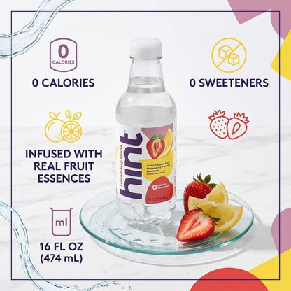 Hint Strawberry + Lemon Infused Water, 16 fl oz (Pack of 12) Hint