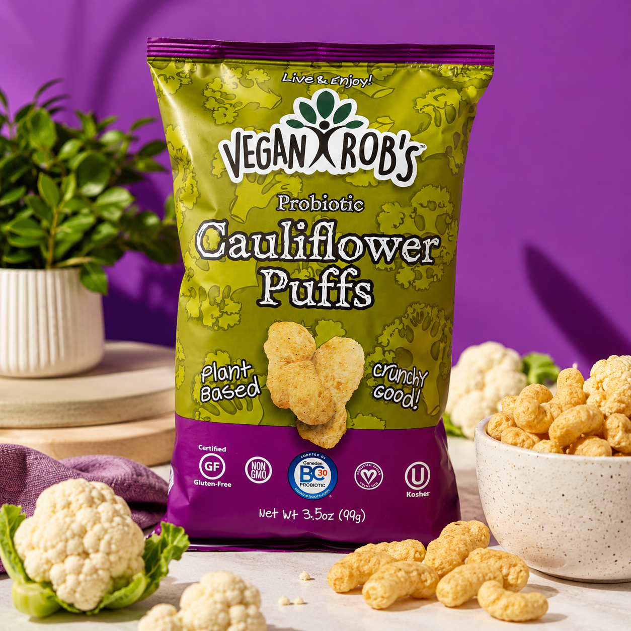 Vegan Rob's Plant Based Probiotic Cauliflower Puffs Gluten Free Kosher 3.5 oz