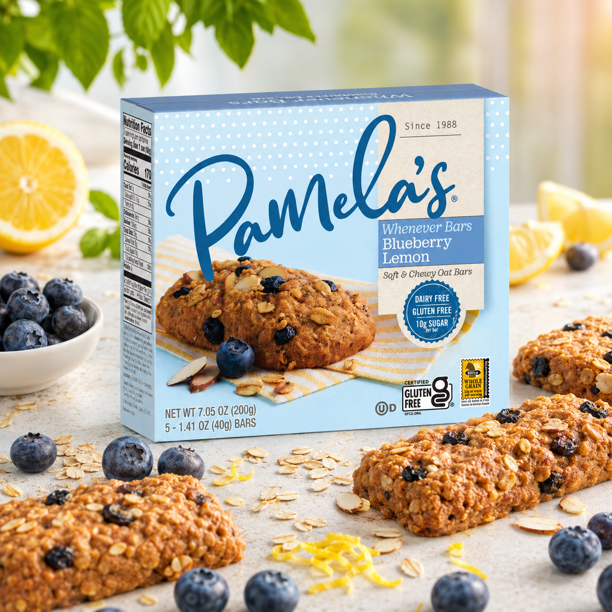 Pamela's Products Whenever Bars Soft & Chewy Oat Bars Blueberry Lemon Gluten Free Kosher 5 ct 7.05 oz