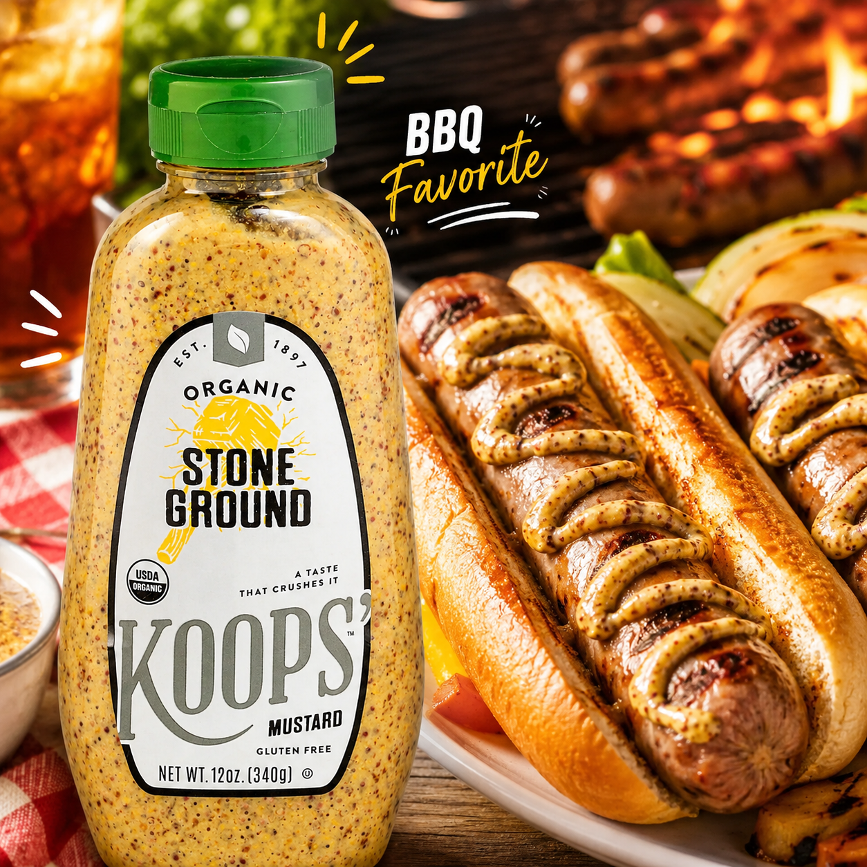 KOOPS' Organic Stone Ground Mustard Old-Fashioned Condiment Quality Mustard Seeds Gluten-Free Kosher Non-GMO USDA Certified Organic Made in USA 12 oz