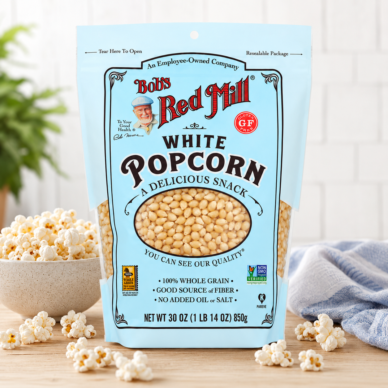 Bob's Red Mill Whole White Popcorn Resealable 30 Ounce (Pack of 2)