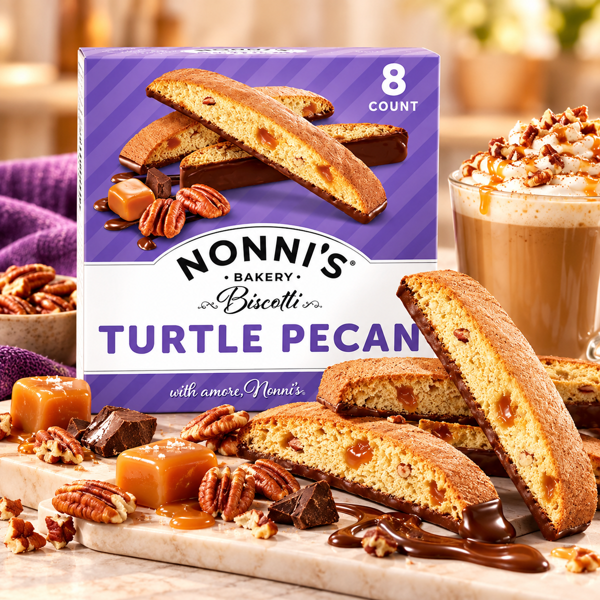 Nonni's Turtle Pecan Biscotti, Gourmet Cookies, Individually Wrapped, 8 Count Nonni's