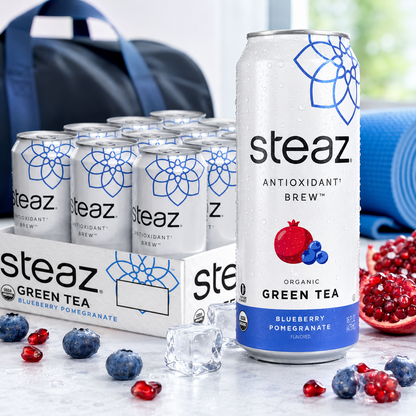 Steaz Organic Green Tea Blueberry Pomegranate Antioxidant Brew Natural Caffeine 90 Calories Vitamin C Cane Sugar Sweetened Vegan 16 fl oz