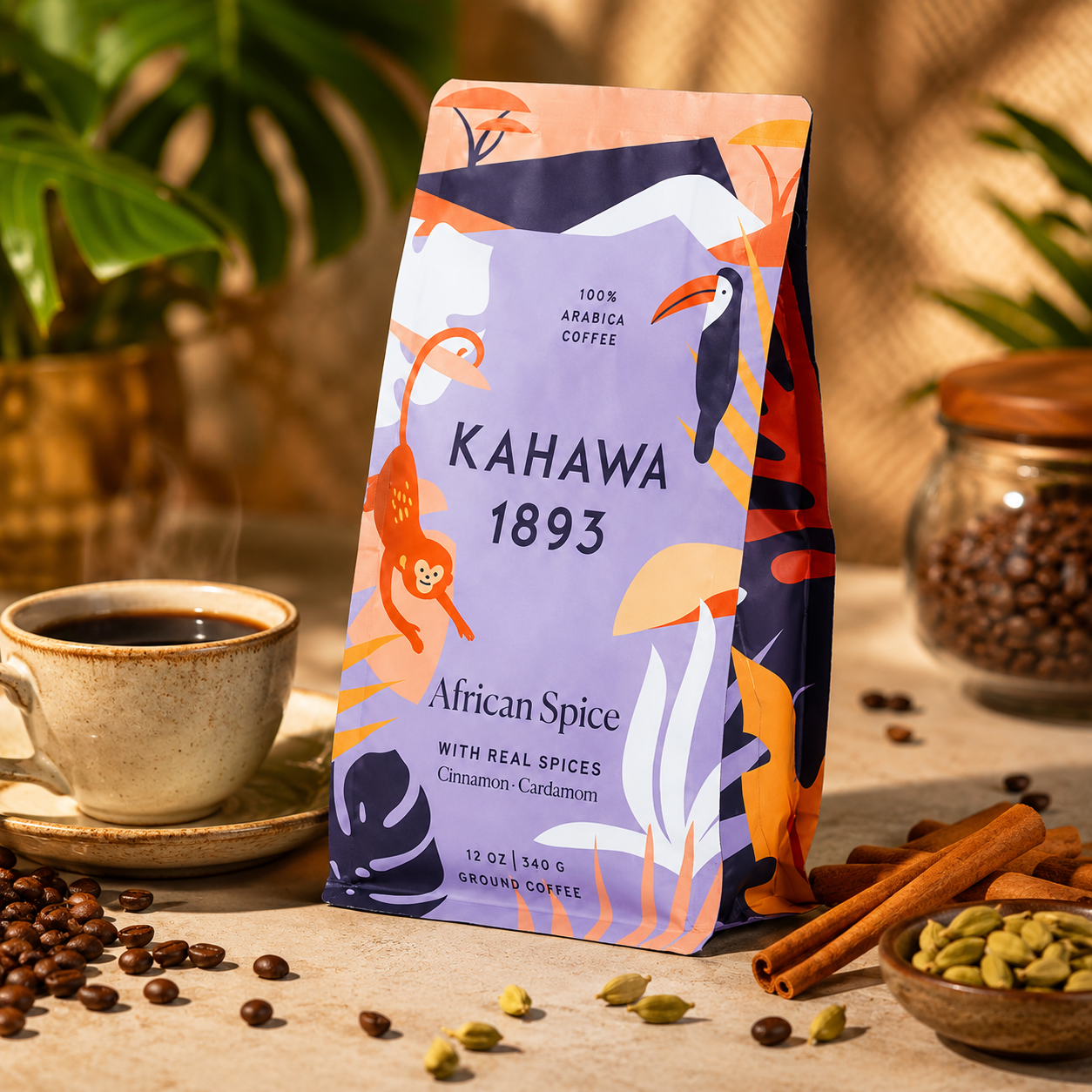 KAHAWA 1893 Medium Roast Ground Coffee African Spice With Cinnamon Cardamom & Clove High Antioxidants Organically Grown 12 oz