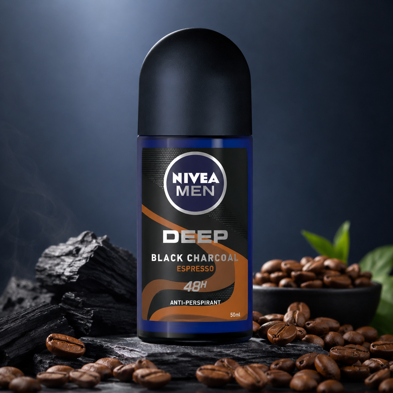 NIVEA MEN DEEP Black Carbon Espresso Anti-Perspirant Roll-On, 50 mL  72-Hour Odor & Sweat Protection, No Visible Black Residue, Long-Lasting Espresso Scent, (Pack of 3)