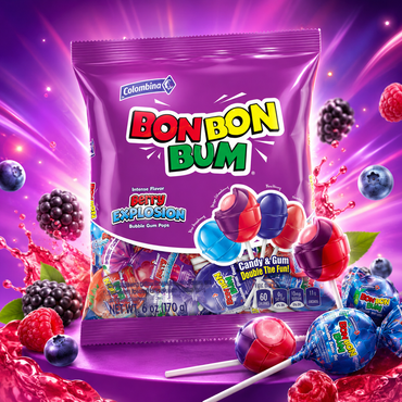 Colombina Bon Bon Bum Lollipops w/Bubble Gum Center, Berry Explosion Mix, Individually Wrapped, Ideal for Party Favors and Gifts, (Pack of 3)